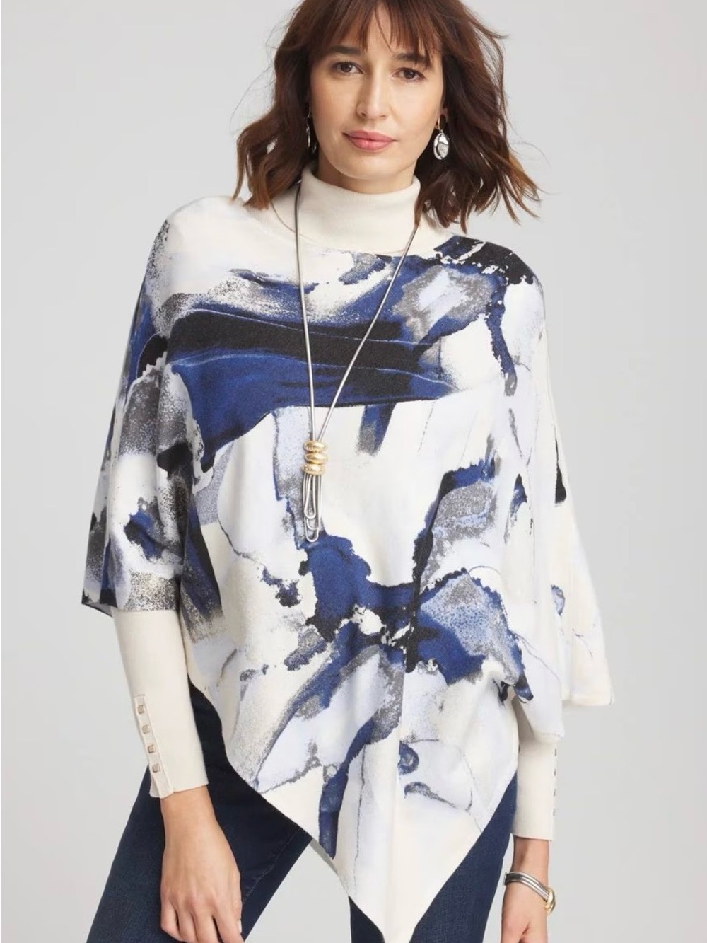 NEW Chicos Fog Foil Cashmere Blend Blue & White Abstract Print Poncho L/XL